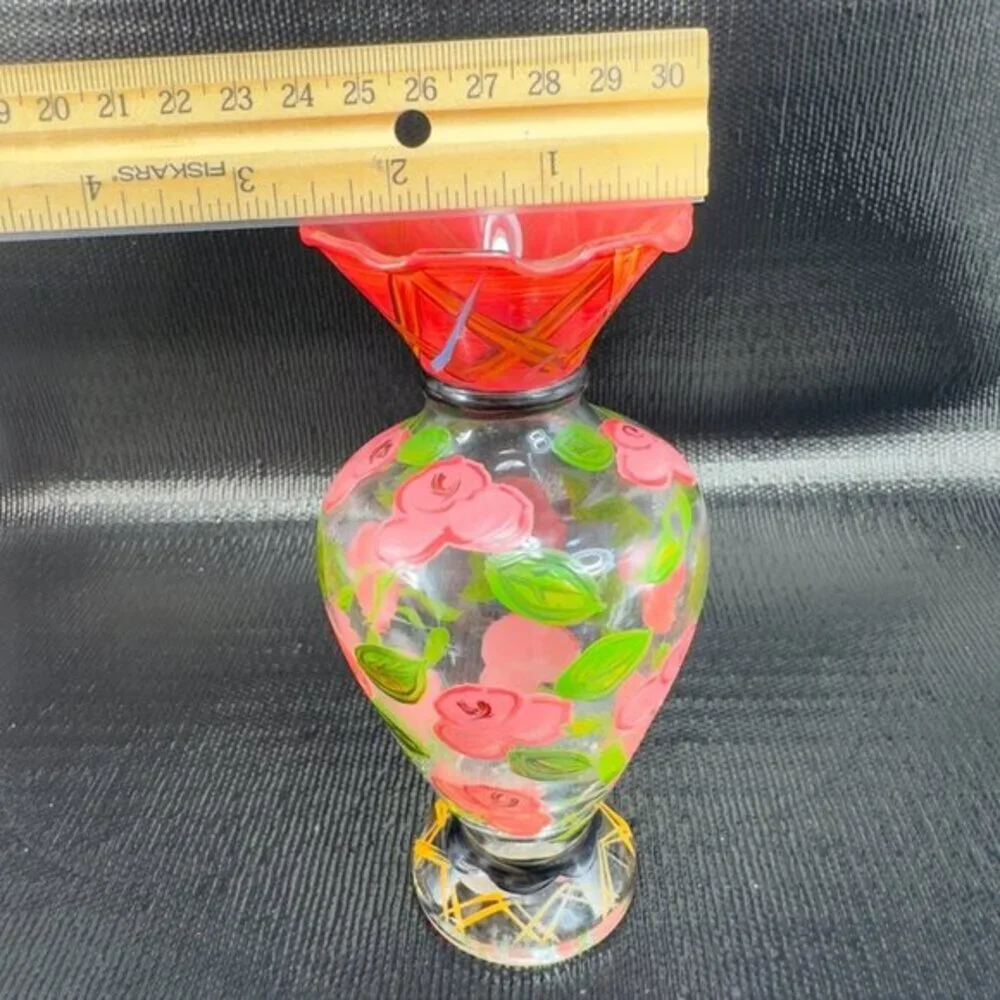 Vintage‎ Hand Painted Glass Vase Vessel Multicolored Red Rose Glass Decorative
